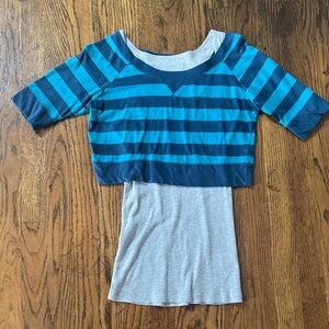 Blue Striped Crop Shirt over Gray Tank Top Juniors